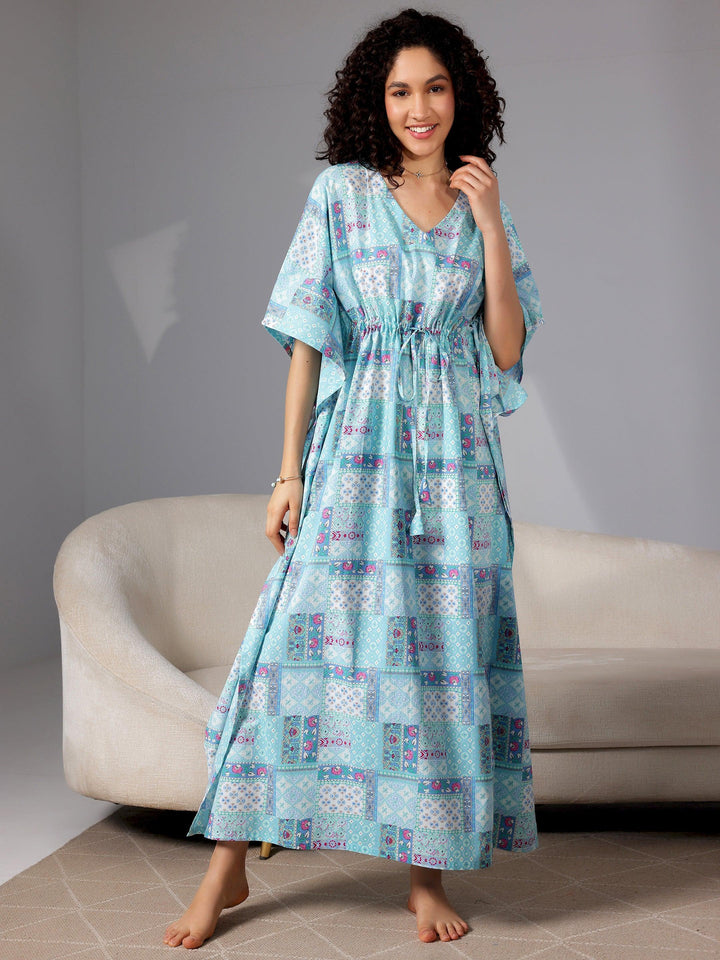 Blue Printed Cotton Kaftan Night Dress - Libas