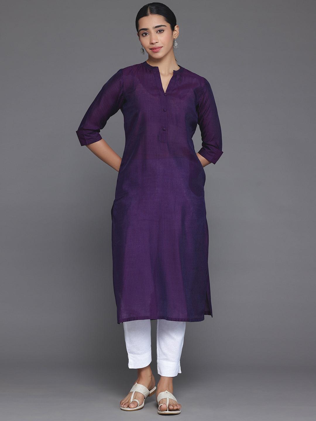 Purple Woven Design Silk Straight Kurta - Libas 