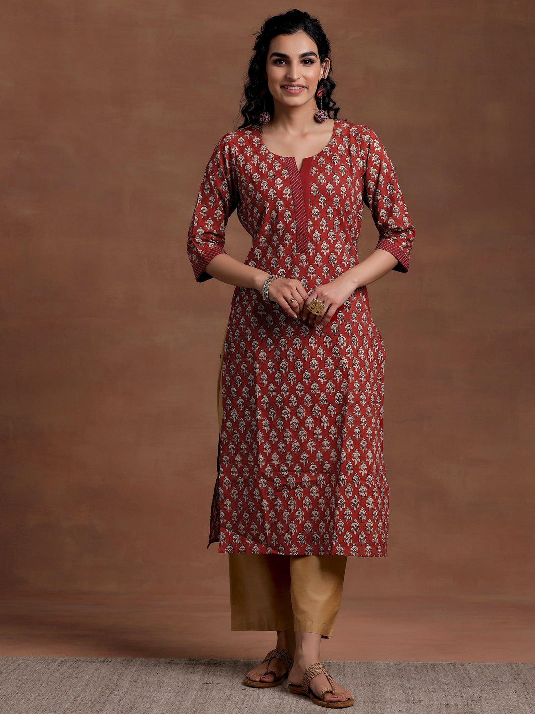 Maroon Printed Cotton Straight Kurta - Libas