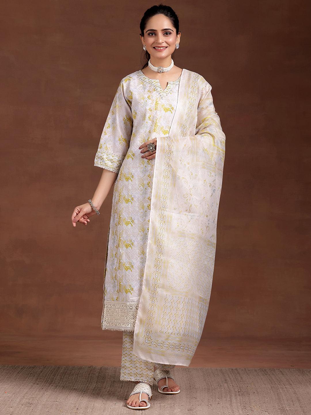 Beige Embroidered Cotton Blend Straight Suit With Dupatta - Libas