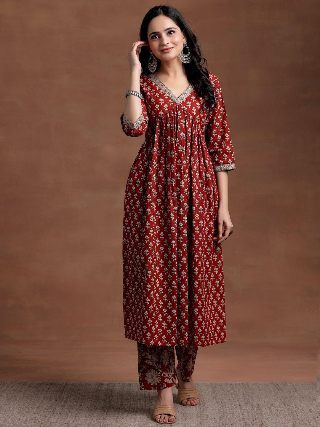 Rust Printed Cotton A-Line Kurta With Palazzos - Libas 