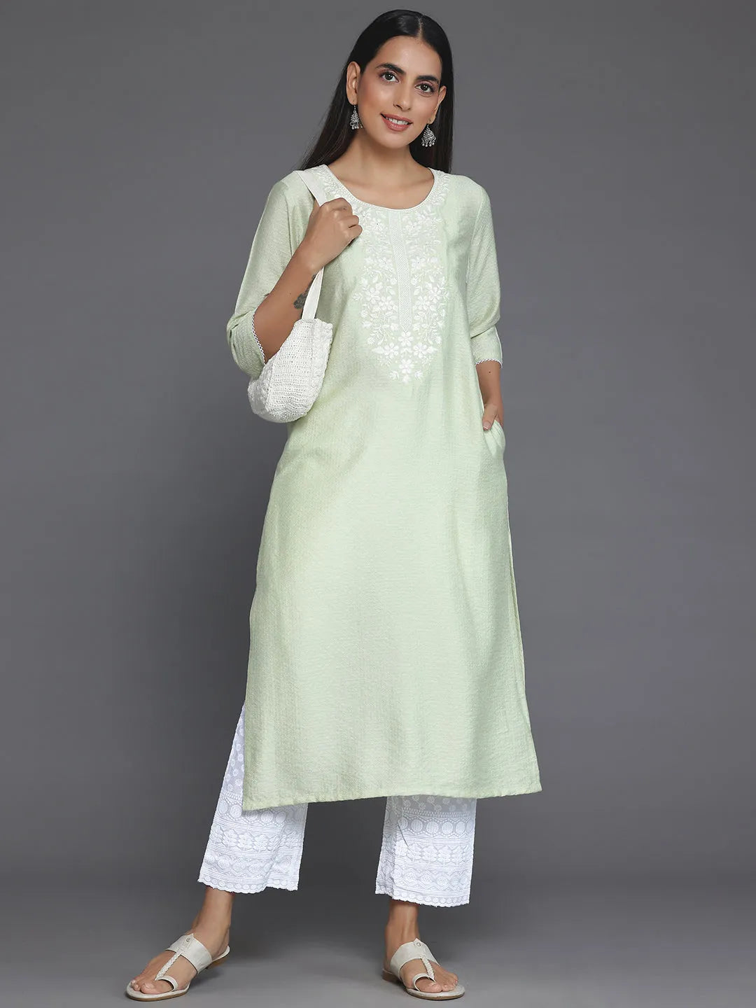 Green Yoke Design Silk Straight Kurta