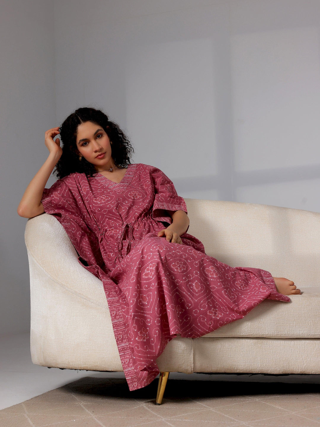 Mauve Printed Cotton Kaftan Night Dress - Libas