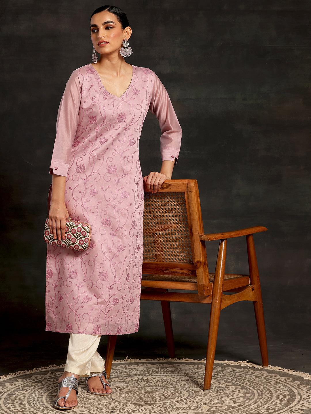 Mauve Embroidered Silk Straight Kurta - Libas