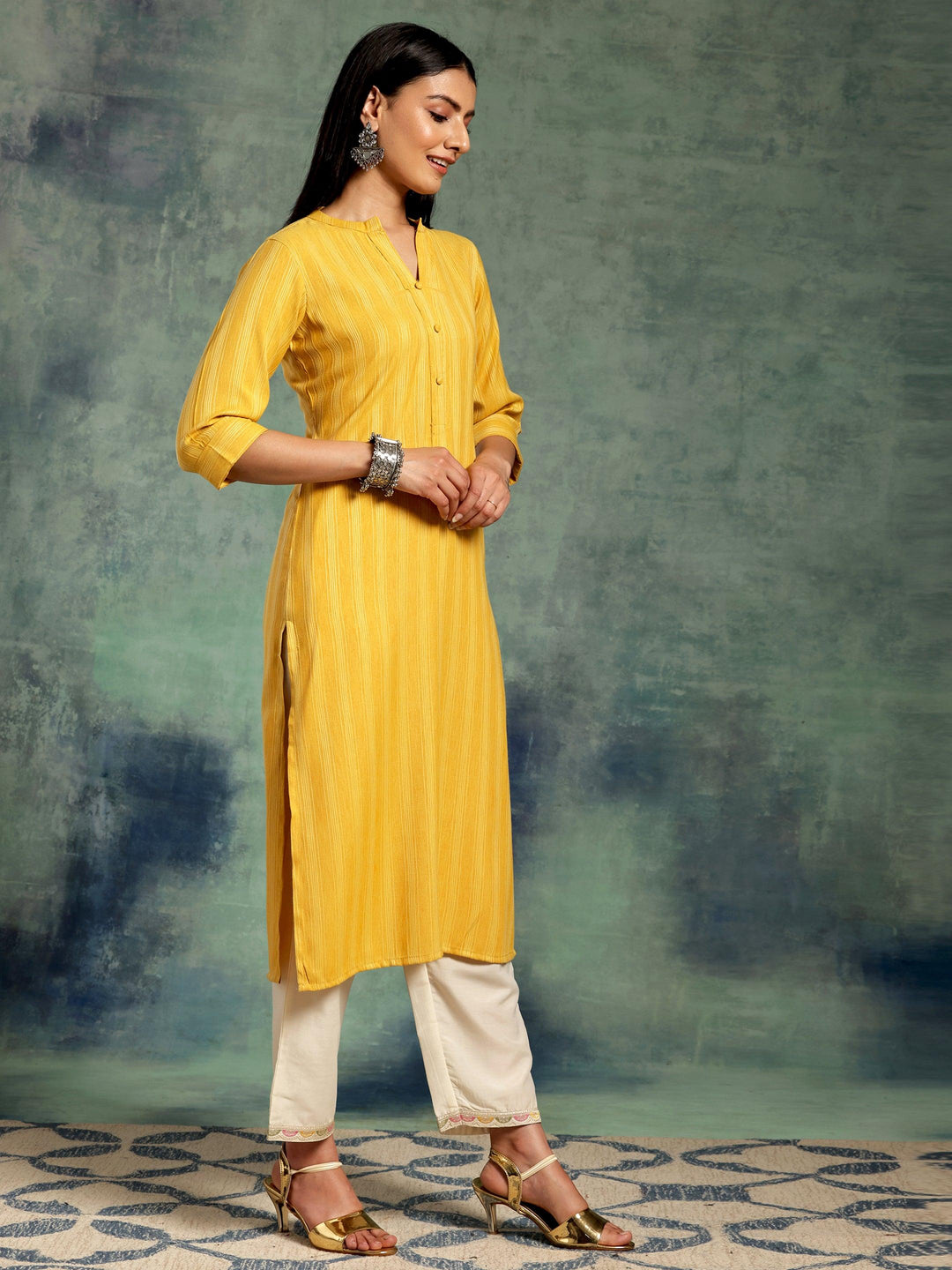 Yellow Woven Design Rayon Straight Kurta - Libas 