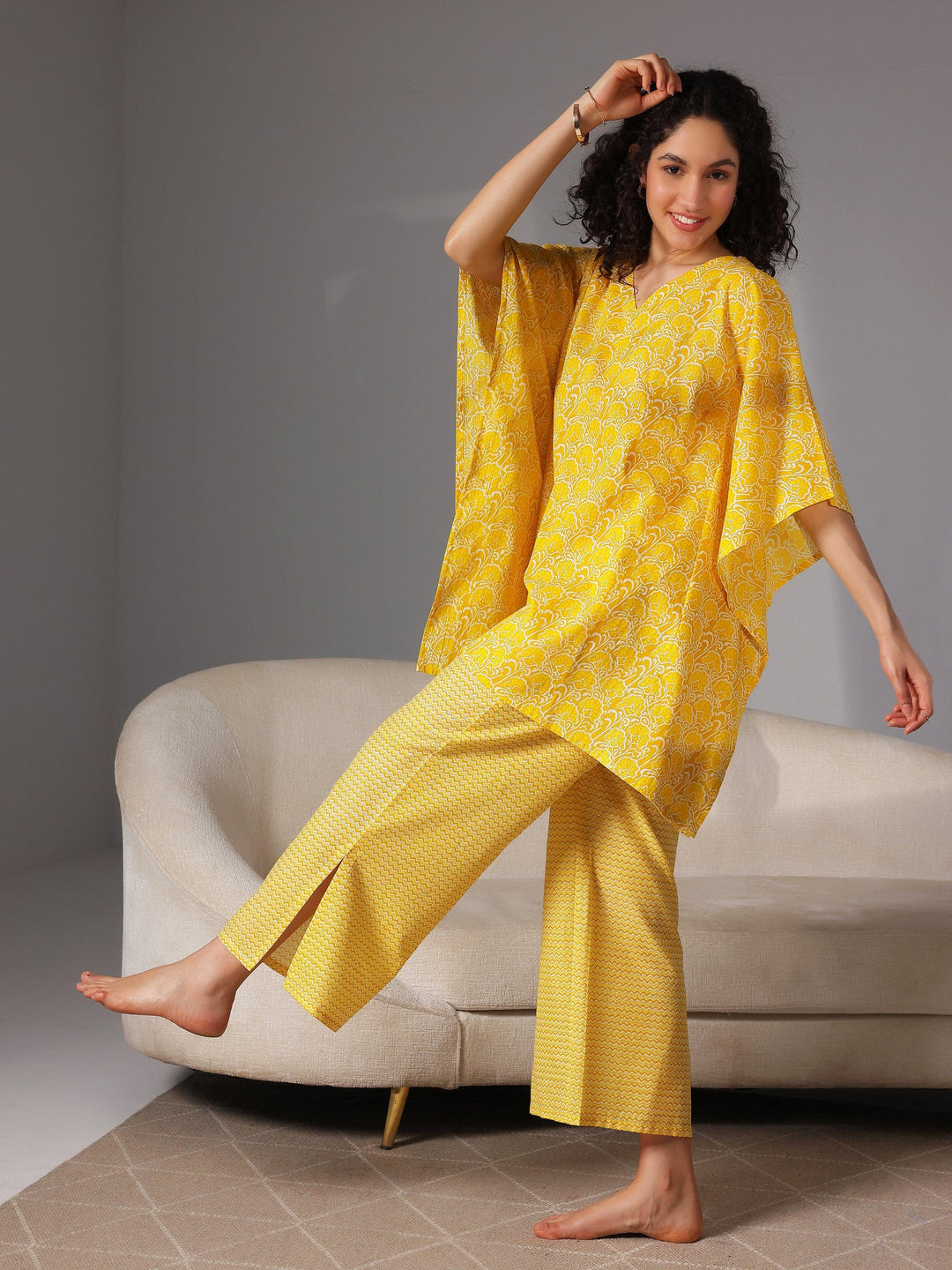 Yellow Printed Cotton Night Suits - Libas 