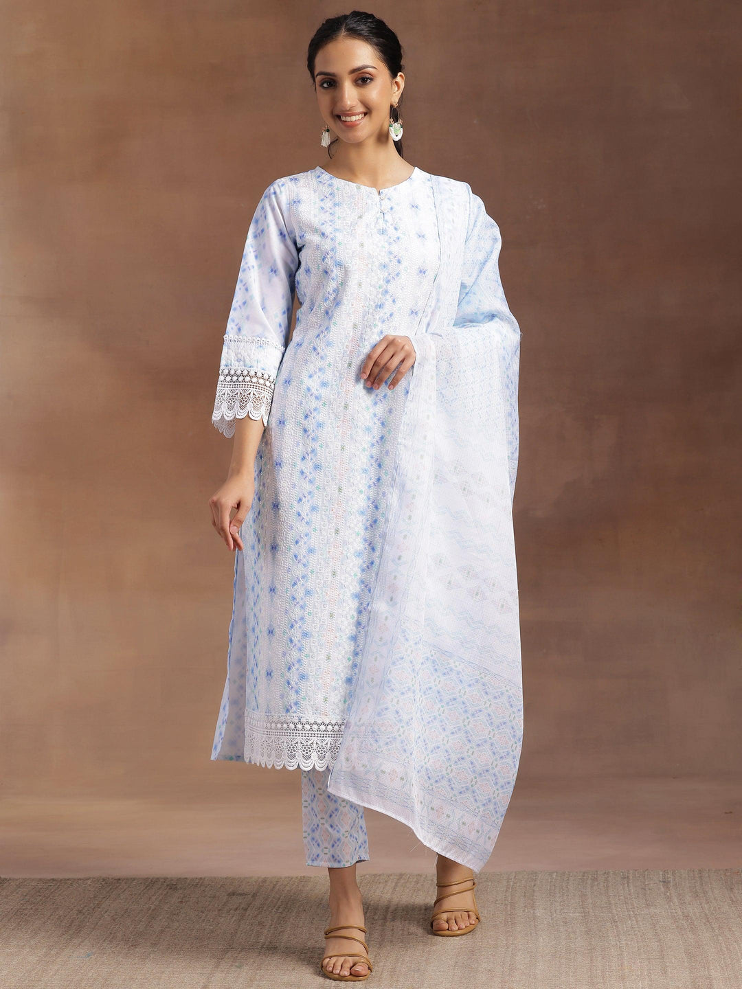 Sky Blue Embroidered Cotton Blend Straight Suit With Dupatta - Libas 