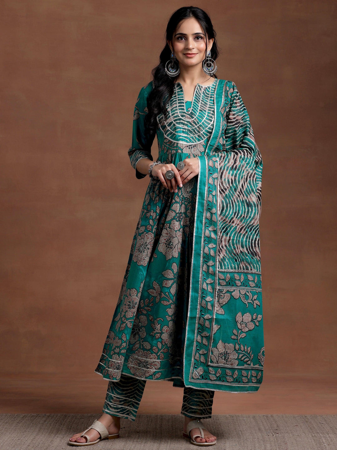 Green Printed Cotton Anarkali Suit With Dupatta - Libas 