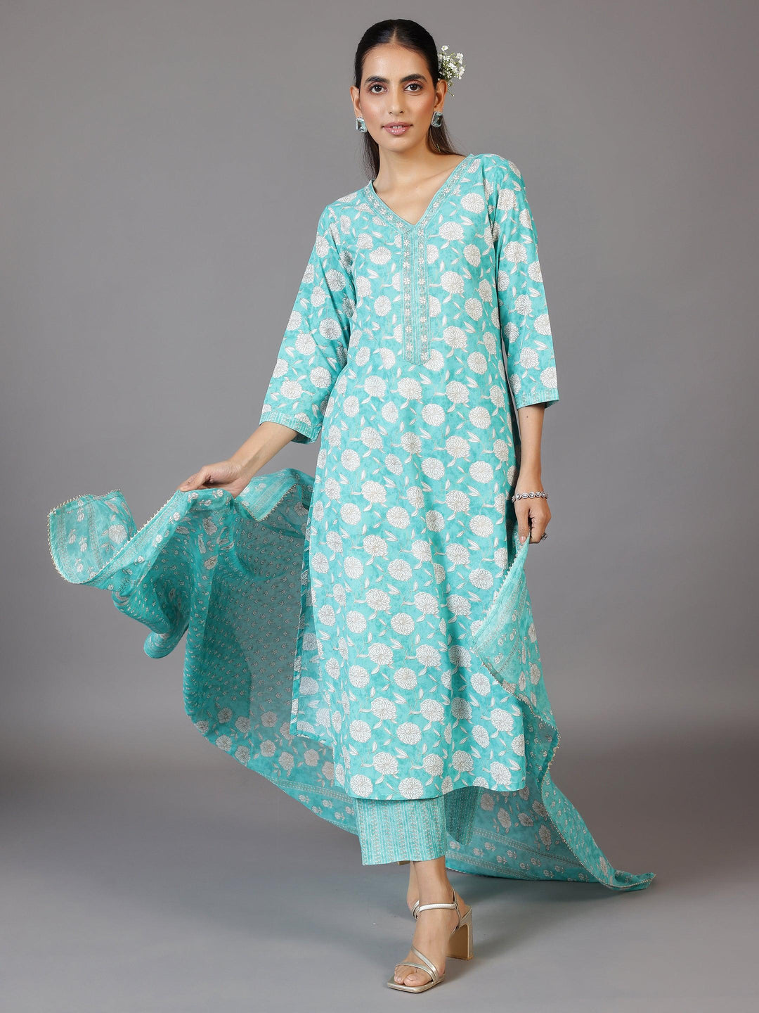 Turquoise Printed Cotton Straight Suit With Dupatta - Libas 