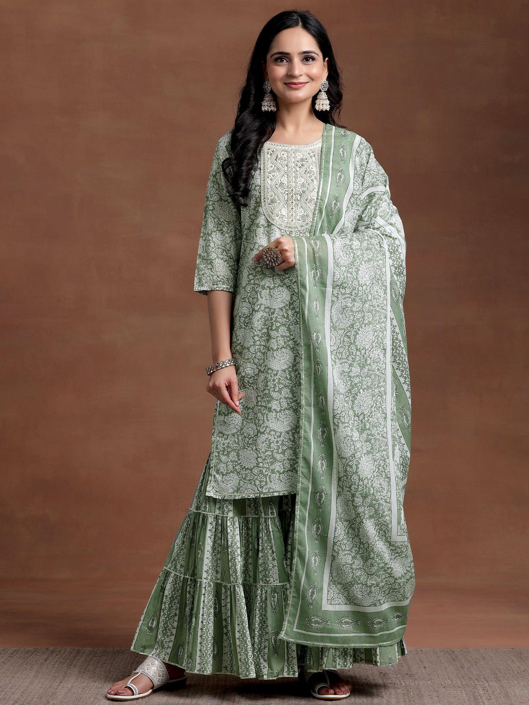 Green Yoke Design Cotton Straight Suit With Dupatta - Libas 