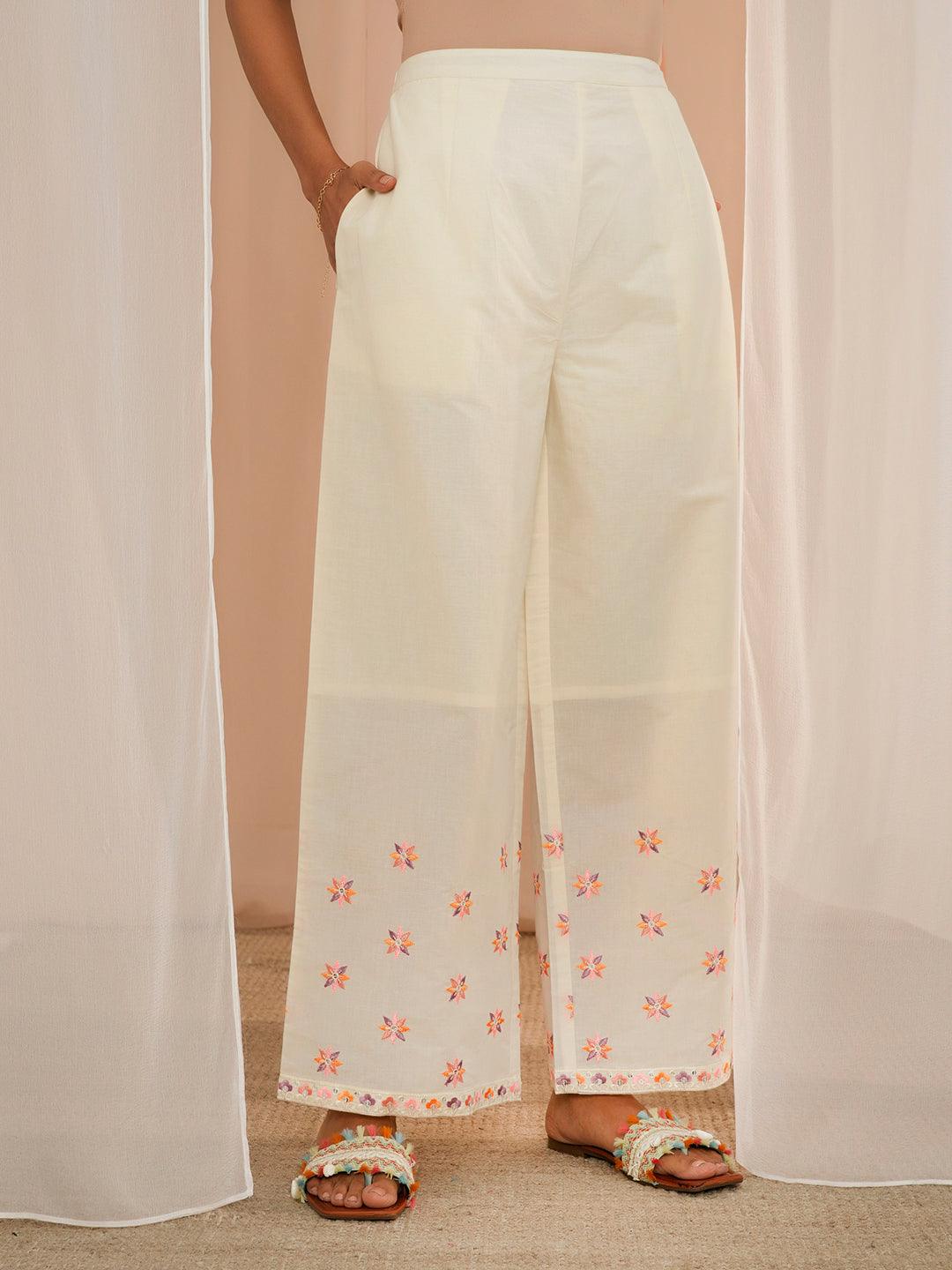 Off White Embroidered Cotton Straight Suit With Dupatta - Libas