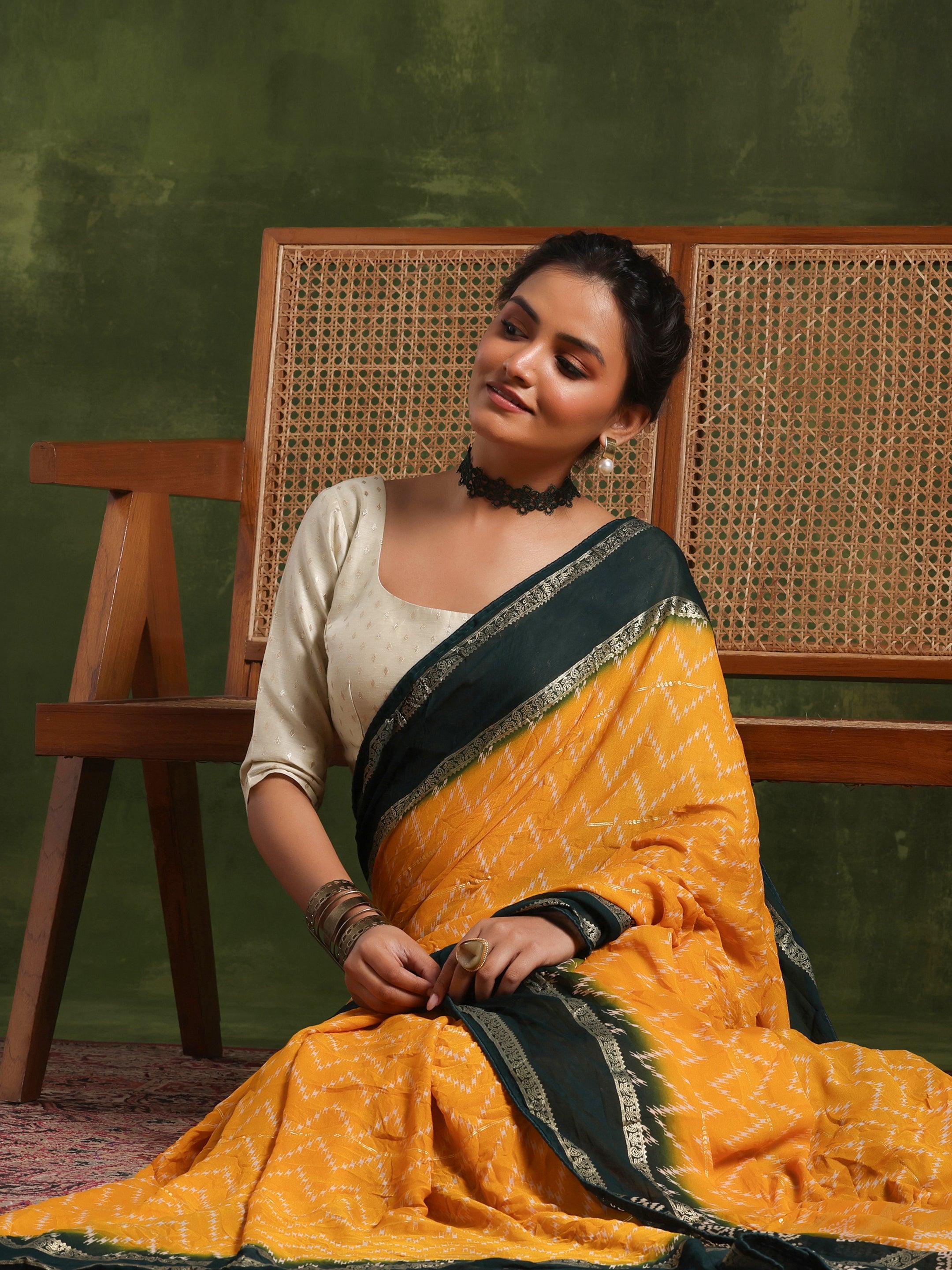 Mustard Printed Poly Georgette Saree With Unstitched Blouse Piece