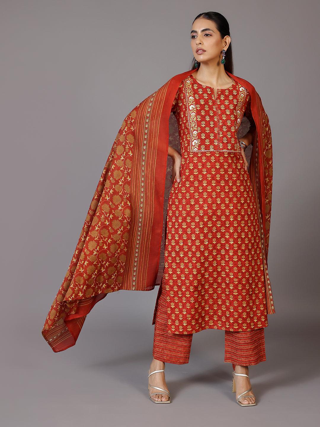 Rust Printed Cotton Straight Suit With Dupatta - Libas 