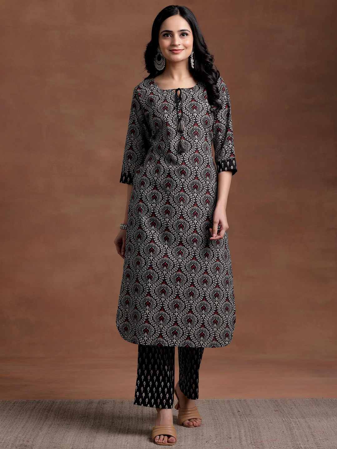 Black Printed Cotton Straight Kurta Set - Libas 