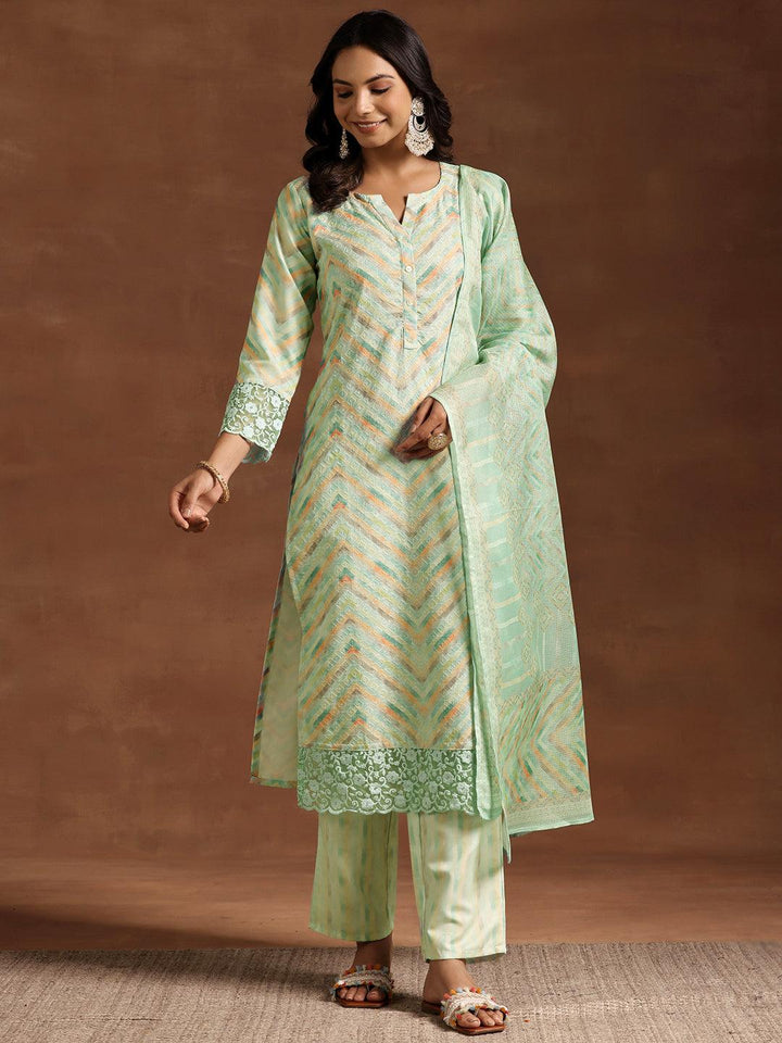 Green Embroidered Cotton Blend Straight Suit With Dupatta - Libas