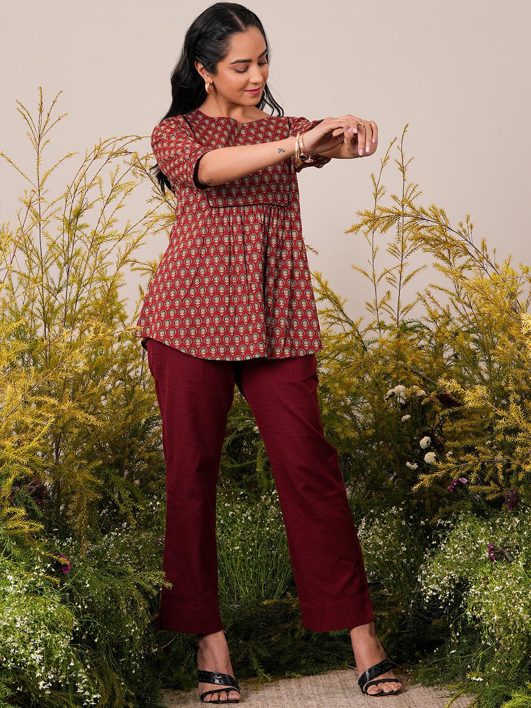 Maroon Printed Cotton A-Line Kurti - Libas 