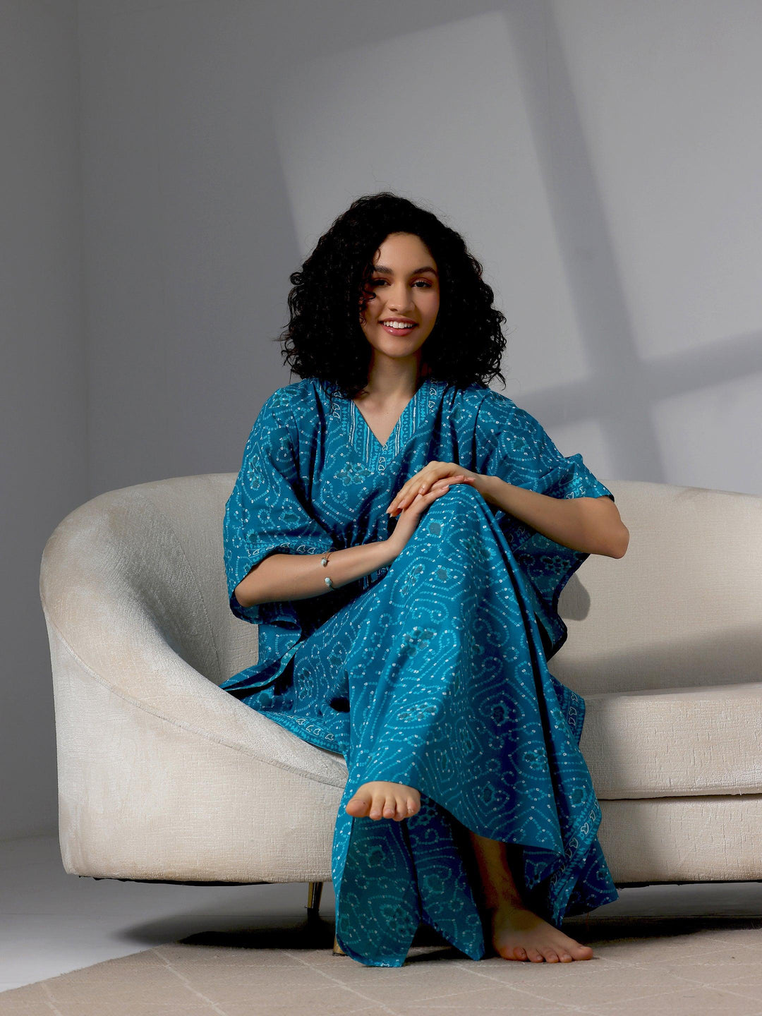 Blue Printed Cotton Kaftan Night Dress - Libas