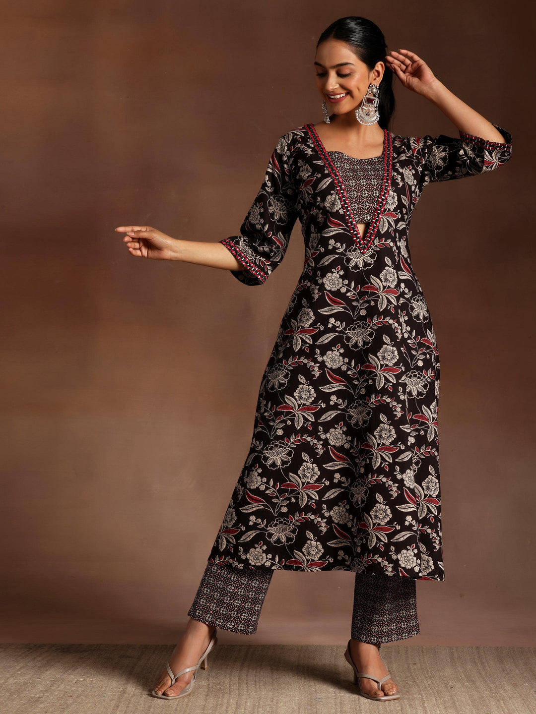 Black Printed Cotton A-Line Kurta With Palazzos - Libas 