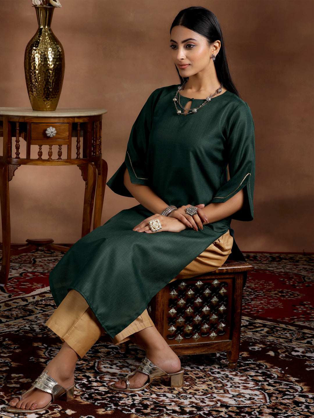  Green Solid Cotton Blend Straight Kurta 