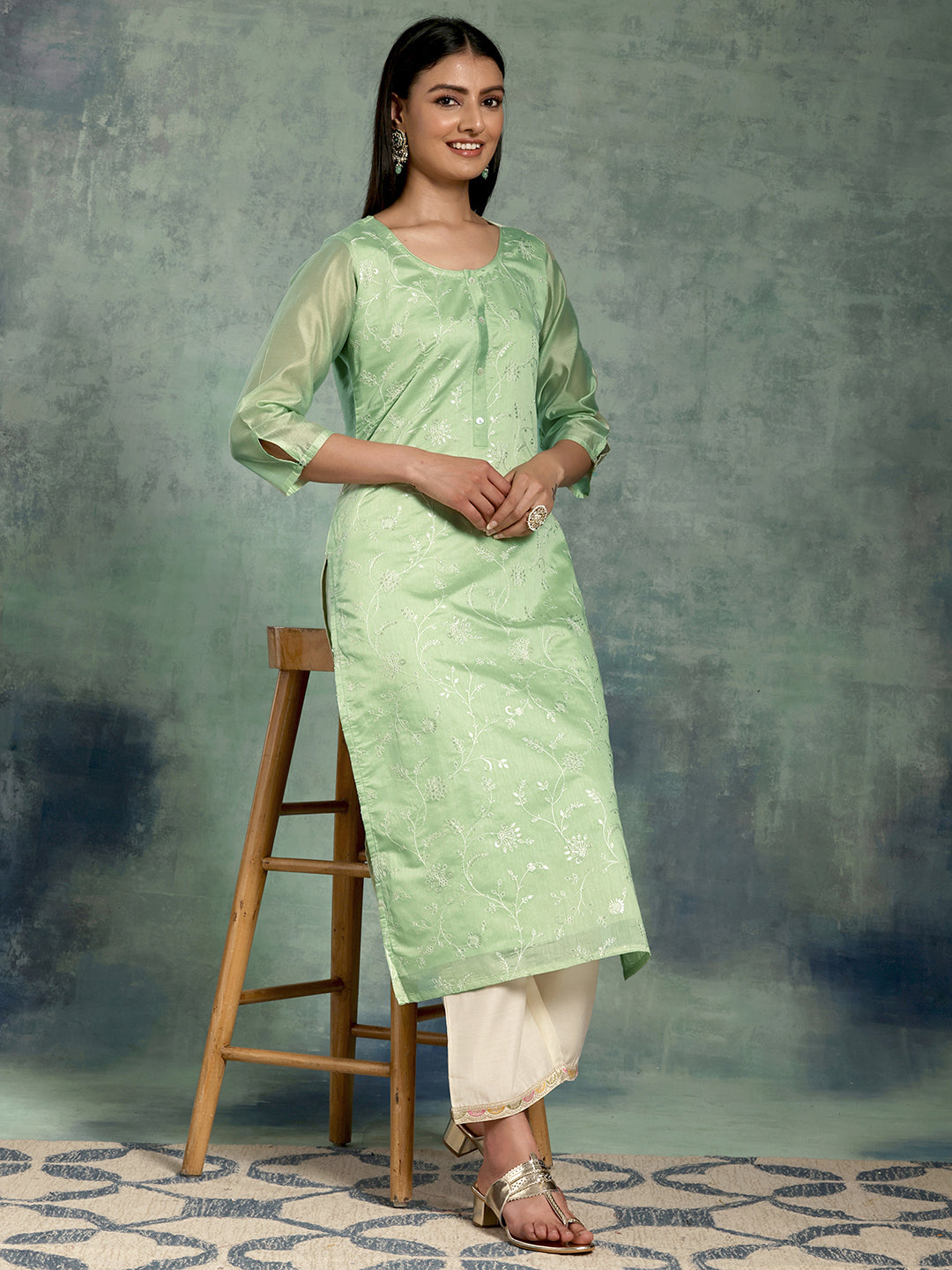 Green Embroidered Chanderi Silk Straight Kurta