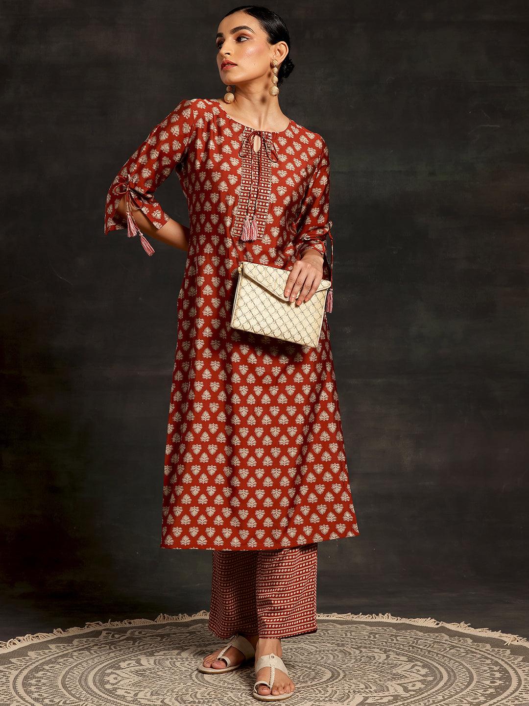 Rust Printed Silk Blend Straight Kurta Set - Libas 