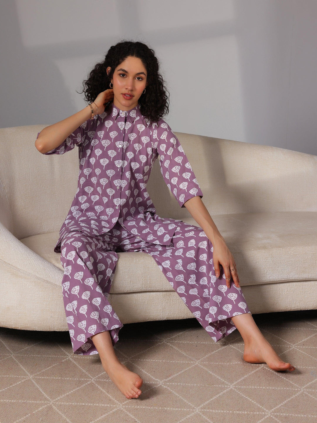 Purple Printed Cotton Night Suits - Libas 