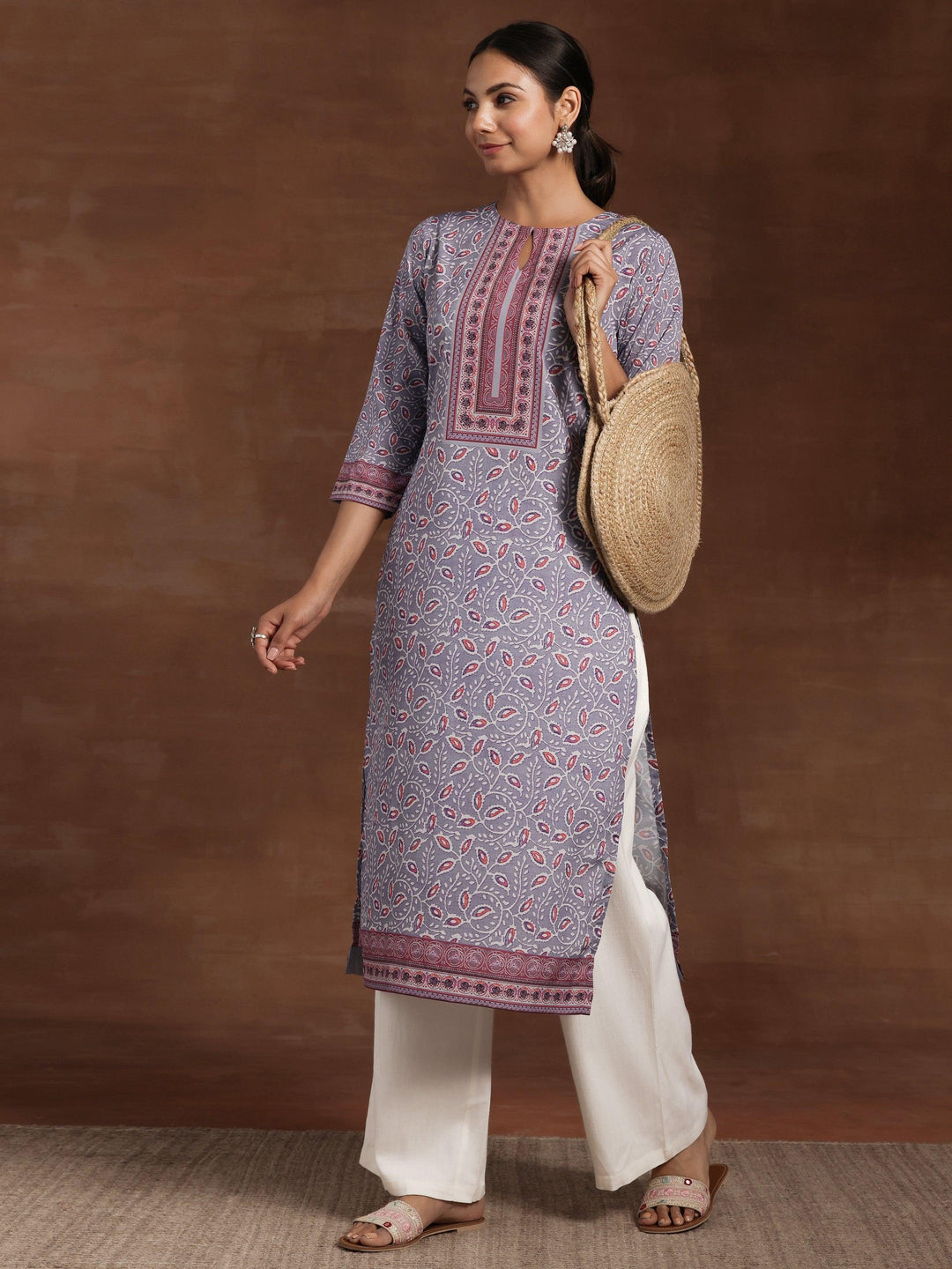 Lavender Printed Crepe Straight Kurta - Libas