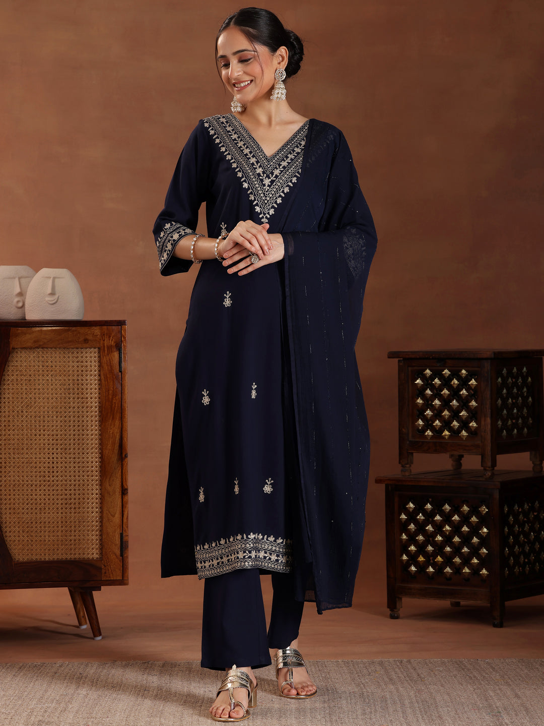  Blue Embroidered Rayon Straight Suit With Dupatta 