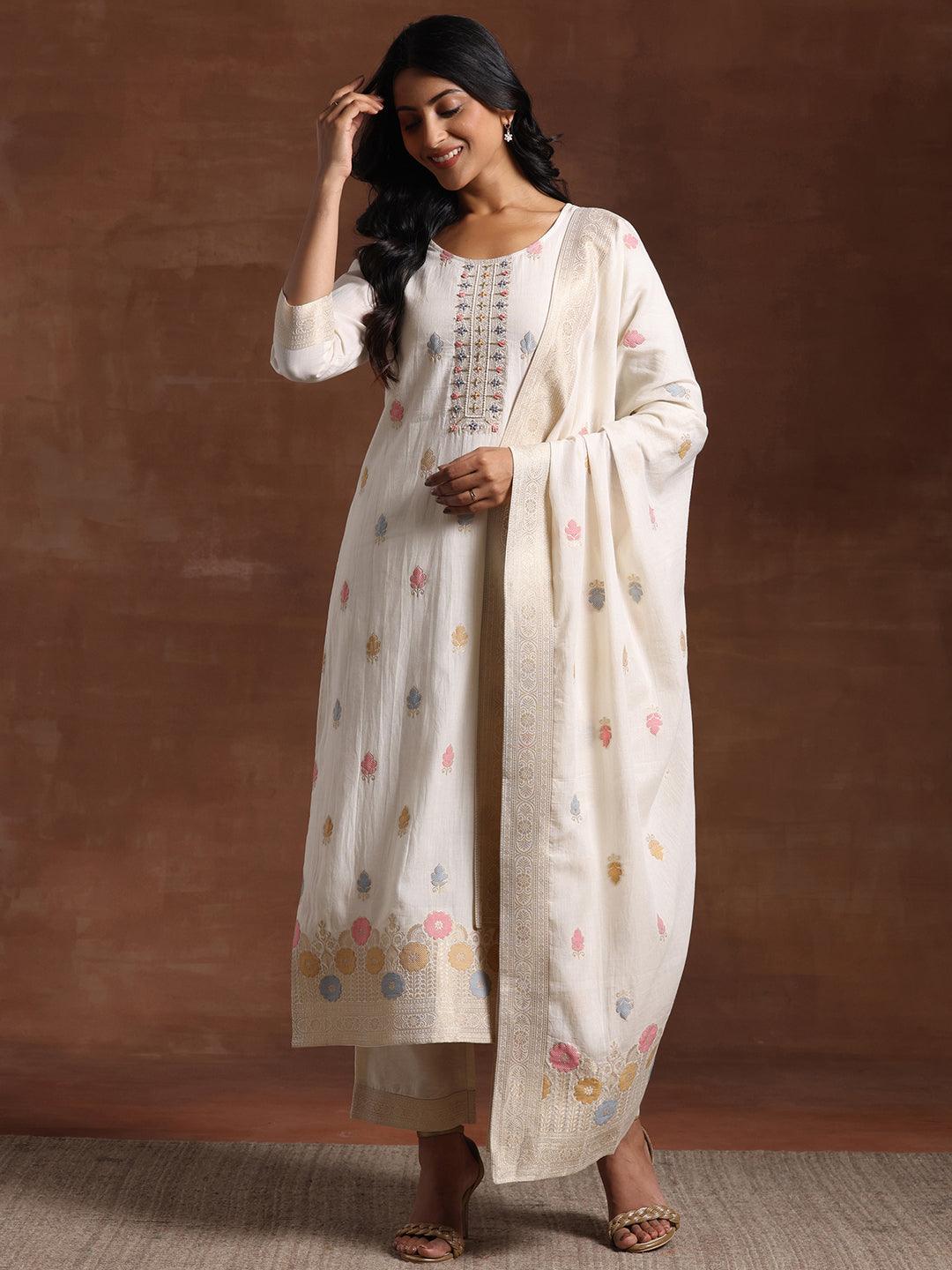 Off White Woven Design Cotton Straight Suit With Dupatta - Libas 