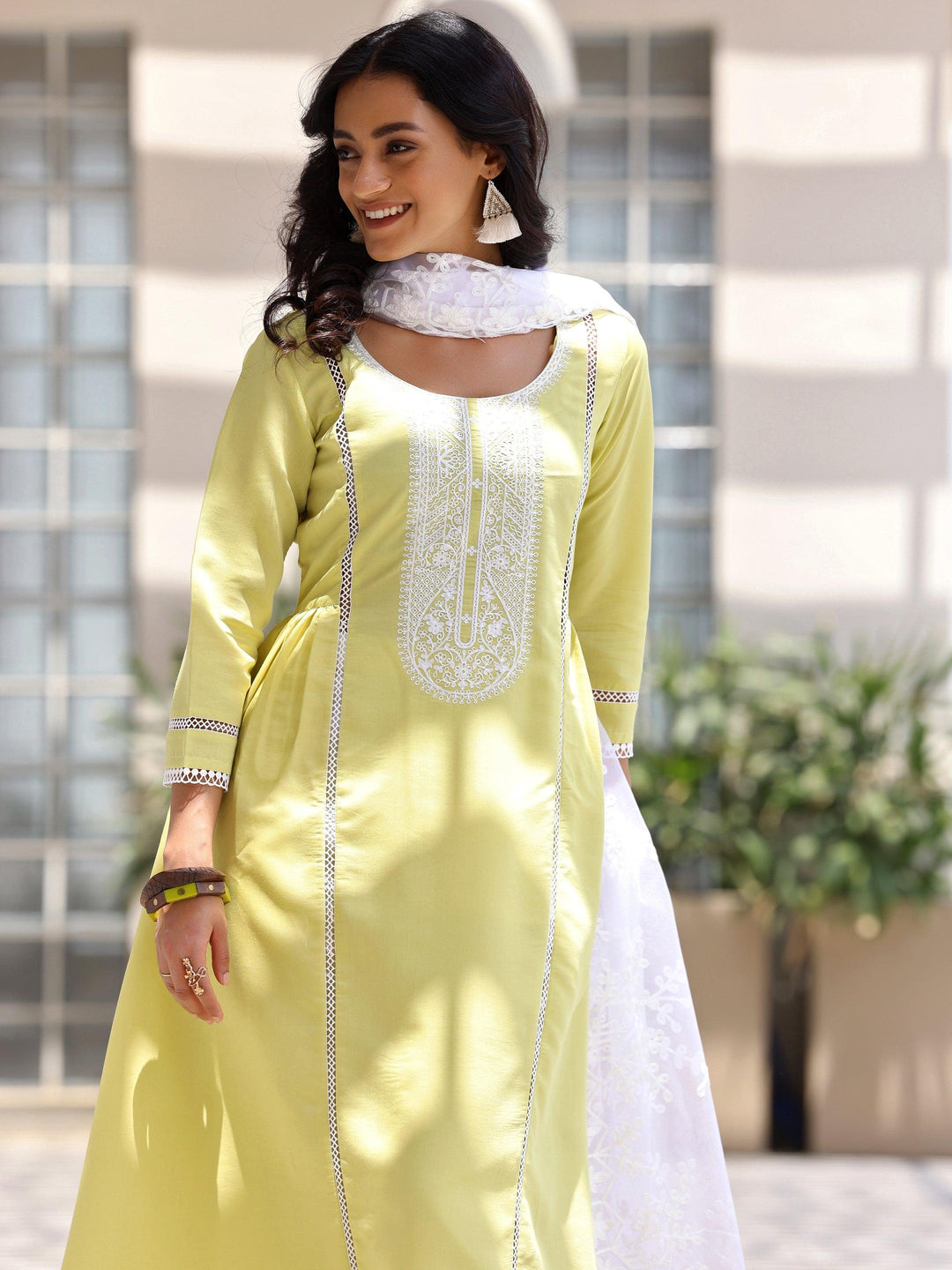 Green Embroidered Silk Blend A-Line Kurta With Trousers & Dupatta - Libas 