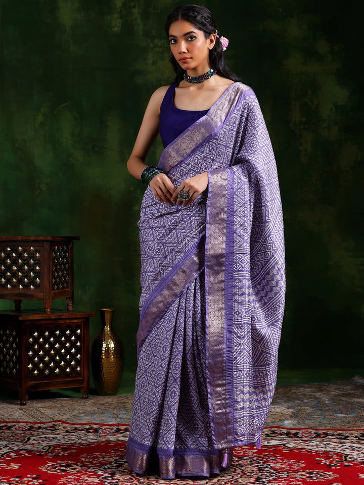 Lavender Printed Silk Blend Saree With Unstitched Blouse Piece - Libas