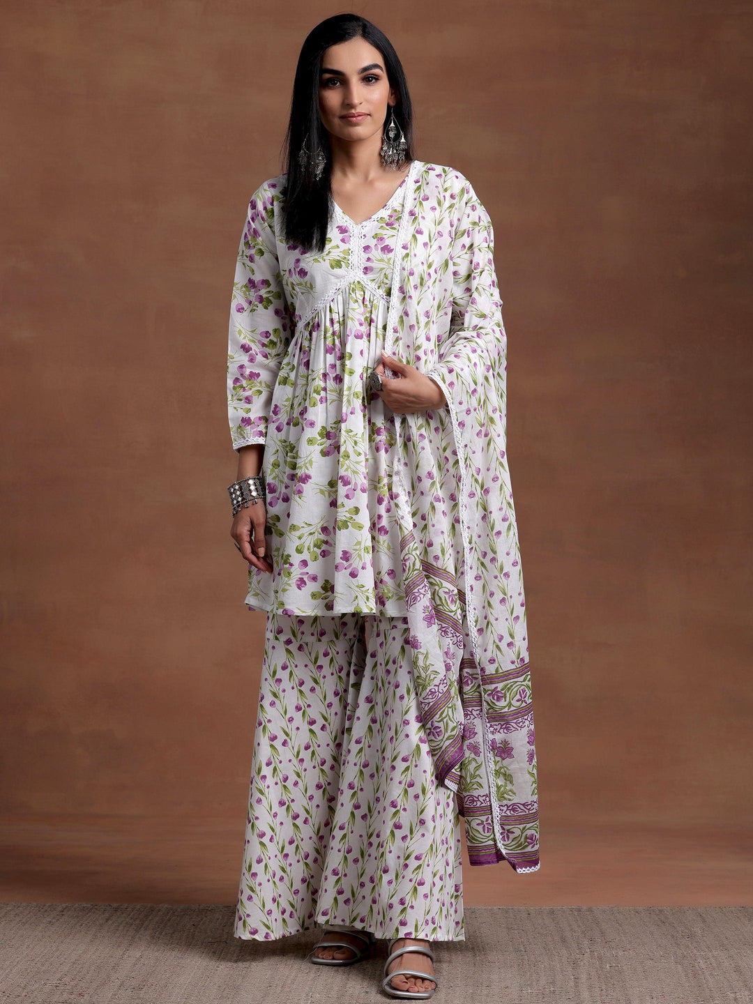 Off White Printed Cotton A-Line Kurta With Sharara & Dupatta - Libas 