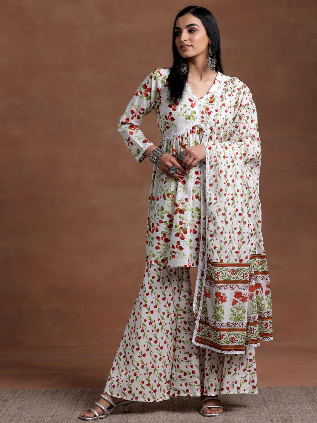 Off White Printed Cotton A-Line Kurta With Sharara & Dupatta - Libas 