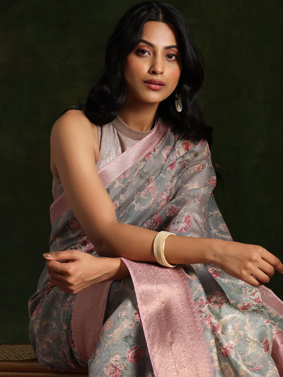 Grey Printed Silk Blend Saree With Unstitched Blouse Piece - Libas