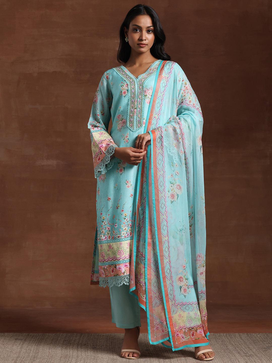 Turquoise Printed Silk Blend Straight Suit With Dupatta - Libas