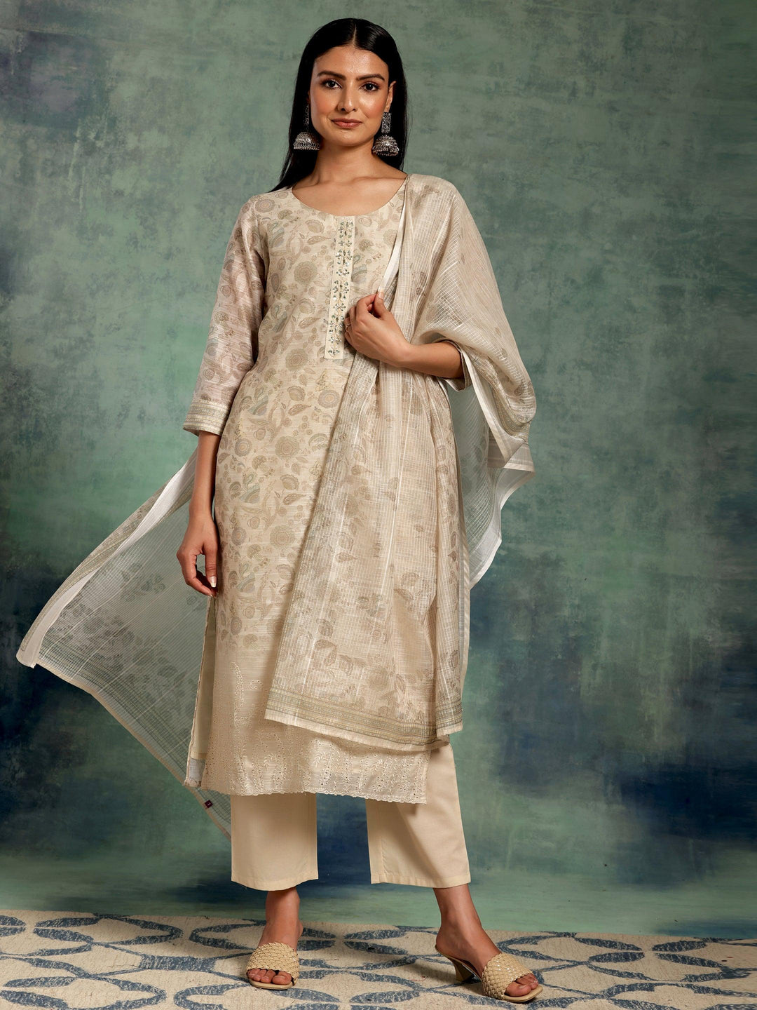 Beige Printed Chanderi Silk Straight Suit With Dupatta - Libas 