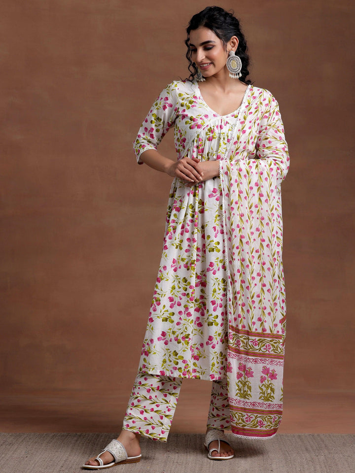 Off White Printed Cotton A-Line Kurta With Palazzos & Dupatta - Libas