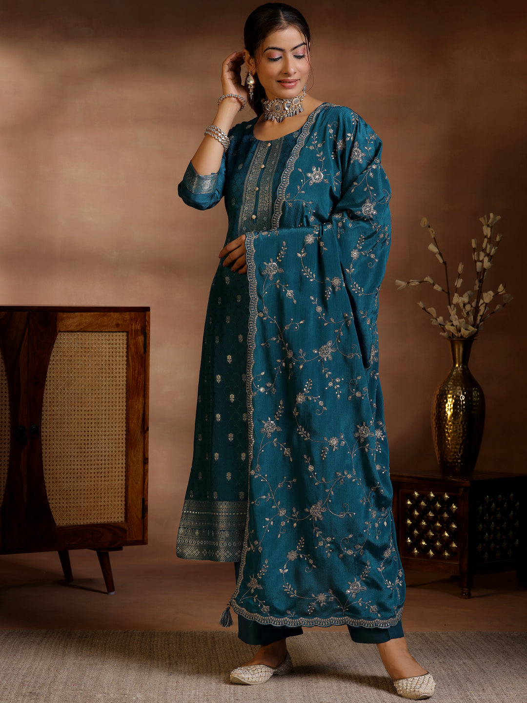  Teal Woven Design Silk Blend Straight Suit With Dupatta 