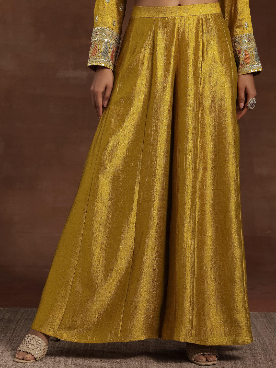 Mustard Embroidered Silk Blend Straight Kurta With Palazzos & Dupatta - Libas 