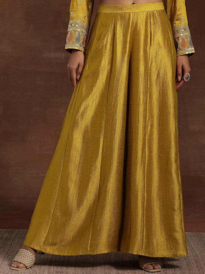 Mustard Embroidered Silk Blend Straight Kurta With Palazzos & Dupatta - Libas