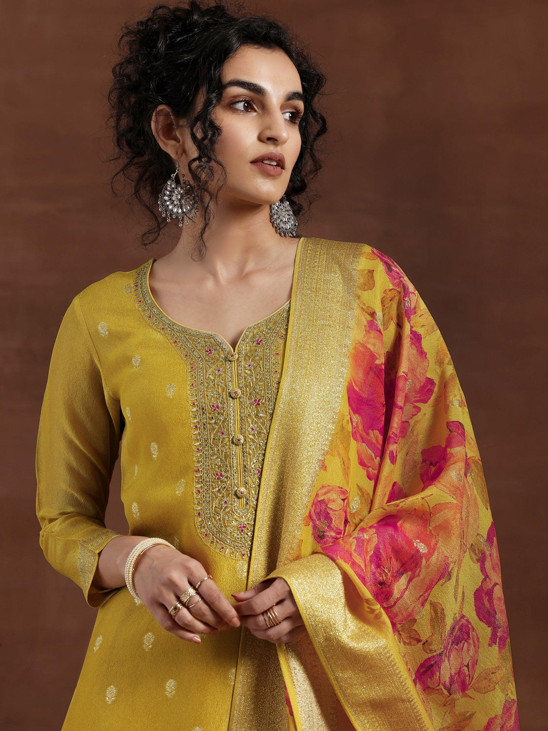 Mustard Woven Design Chanderi Silk Straight Suit With Dupatta - Libas 