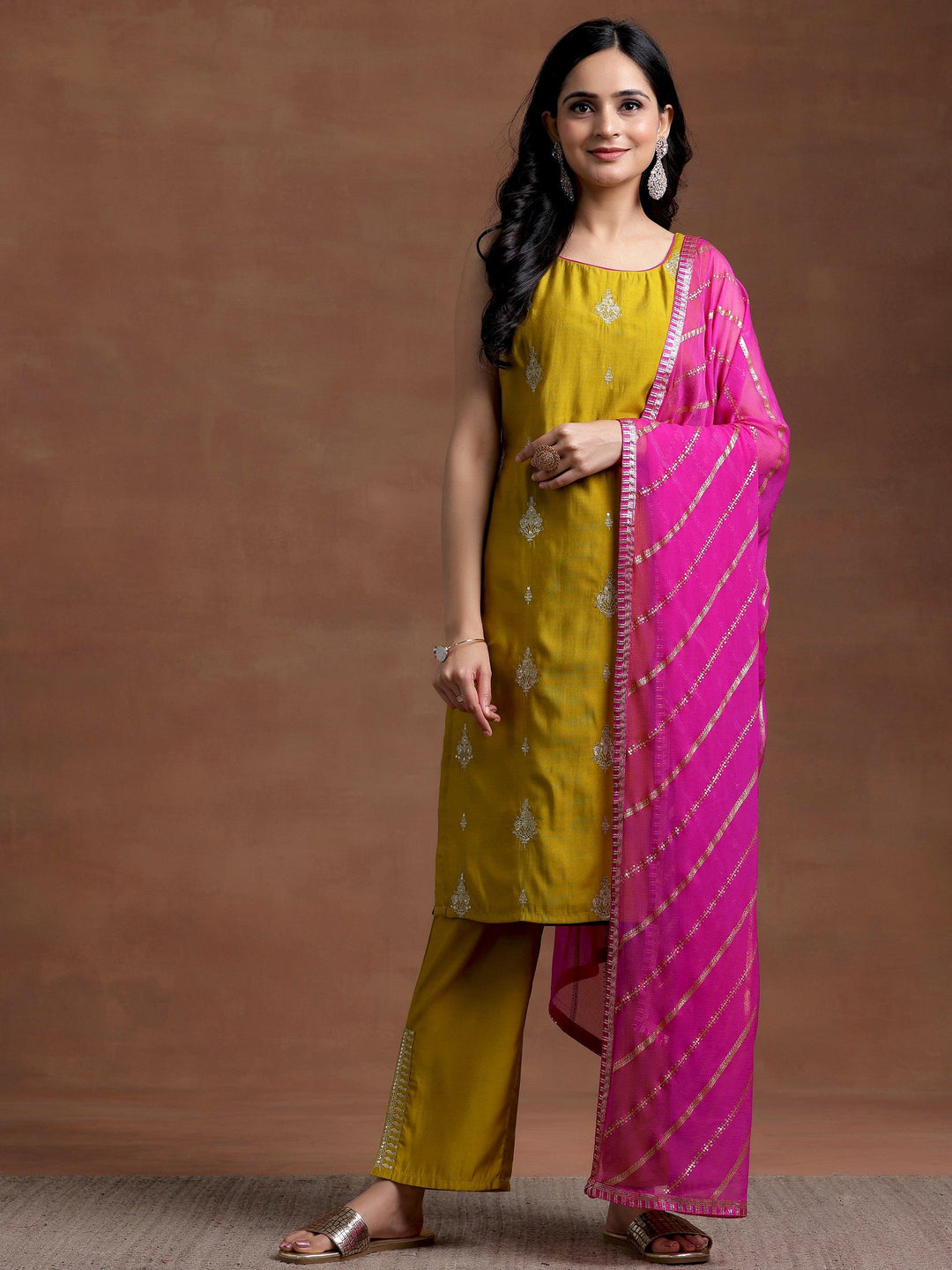 Mustard Embroidered Silk Blend Straight Suit With Dupatta - Libas 