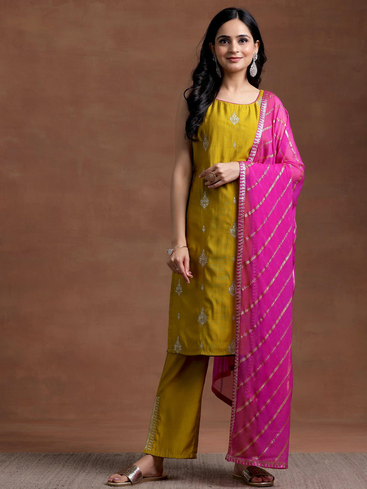 Mustard Embroidered Silk Blend Straight Suit With Dupatta - Libas