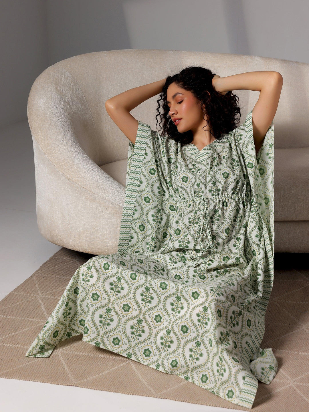 Green Printed Cotton Kaftan Night Dress - Libas