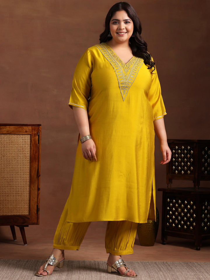 Plus Size Yellow Yoke Design Silk Blend Straight Kurta Set - Libas