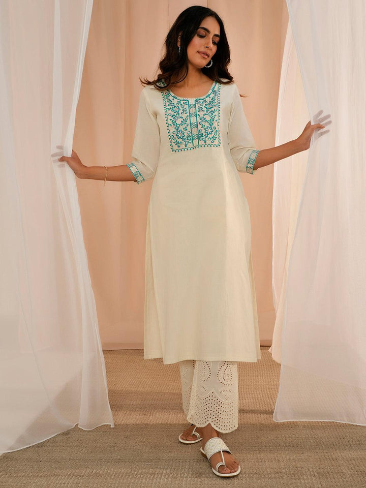 Off White Embroidered Cotton Straight Fit Palazzos - Libas