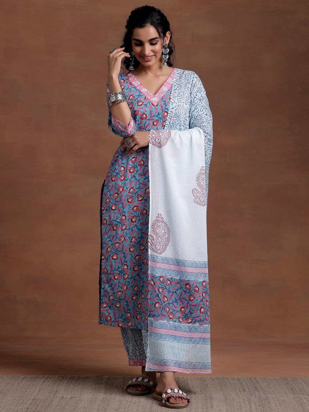 Blue Printed Cotton Straight Suit With Dupatta - Libas 