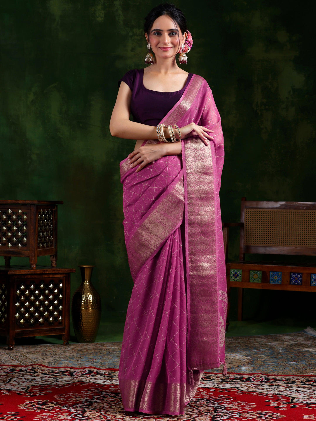 Pink Printed Silk Blend Saree With Unstitched Blouse Piece - Libas 