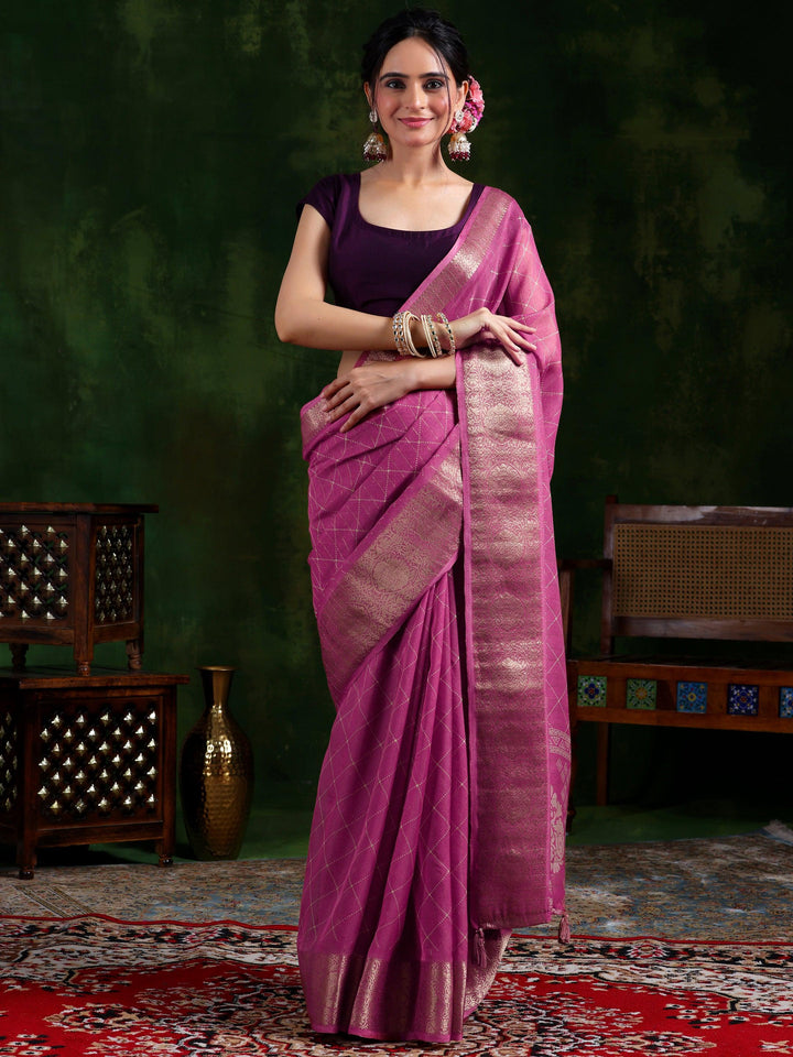 Pink Printed Silk Blend Saree With Unstitched Blouse Piece - Libas