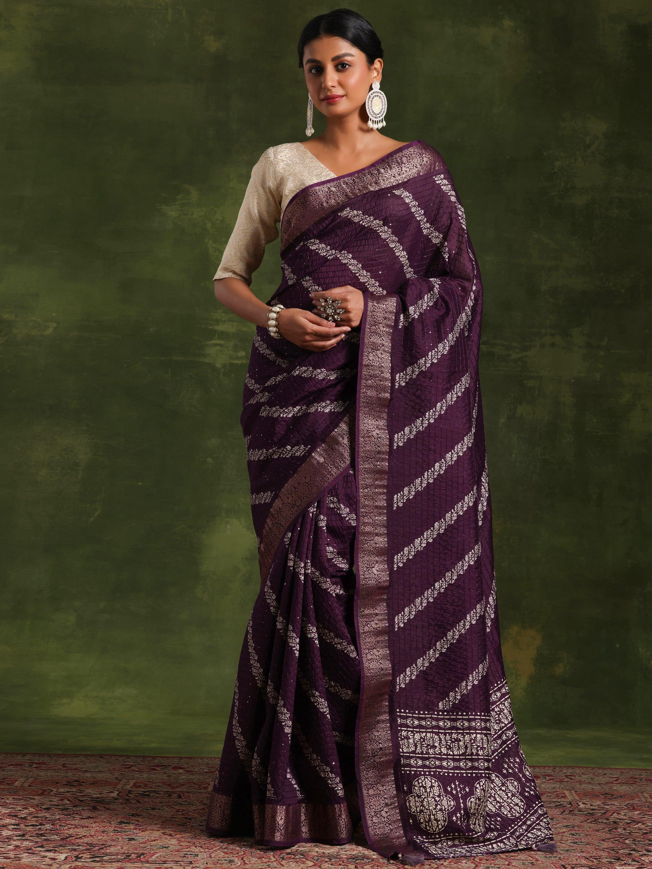 Purple Printed Silk Blend Saree With Unstitched Blouse Piece